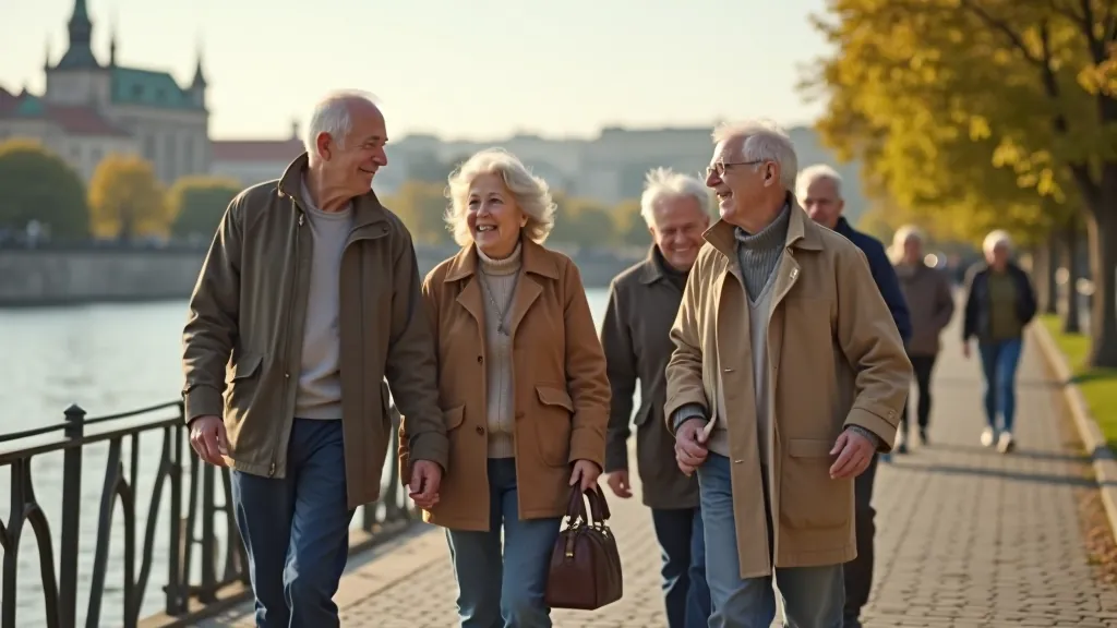 Group of seniors walking along a riverside path with historic buildings in the background