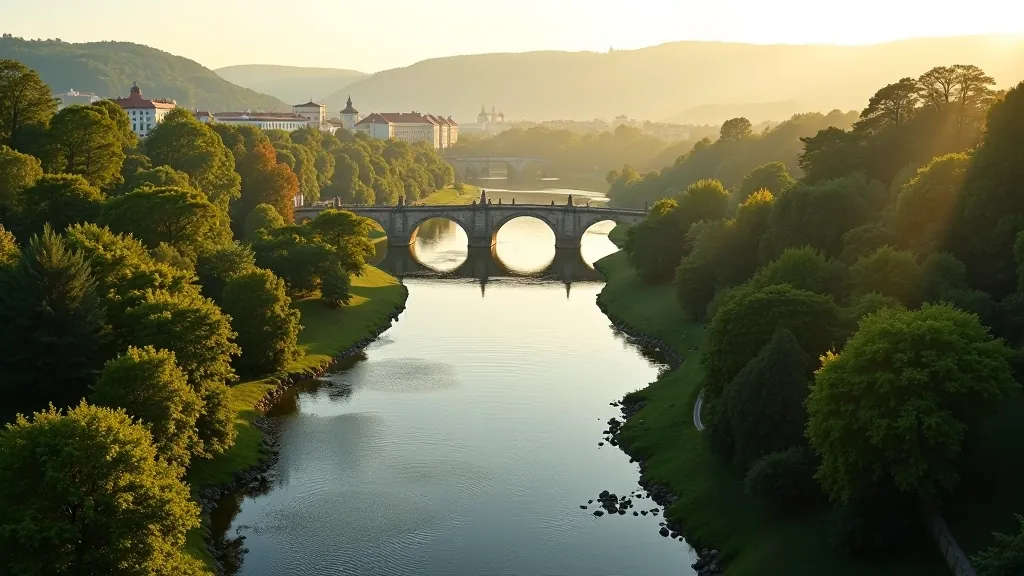 Scenic view of Prague's Vltava River with riverside paths and green areas