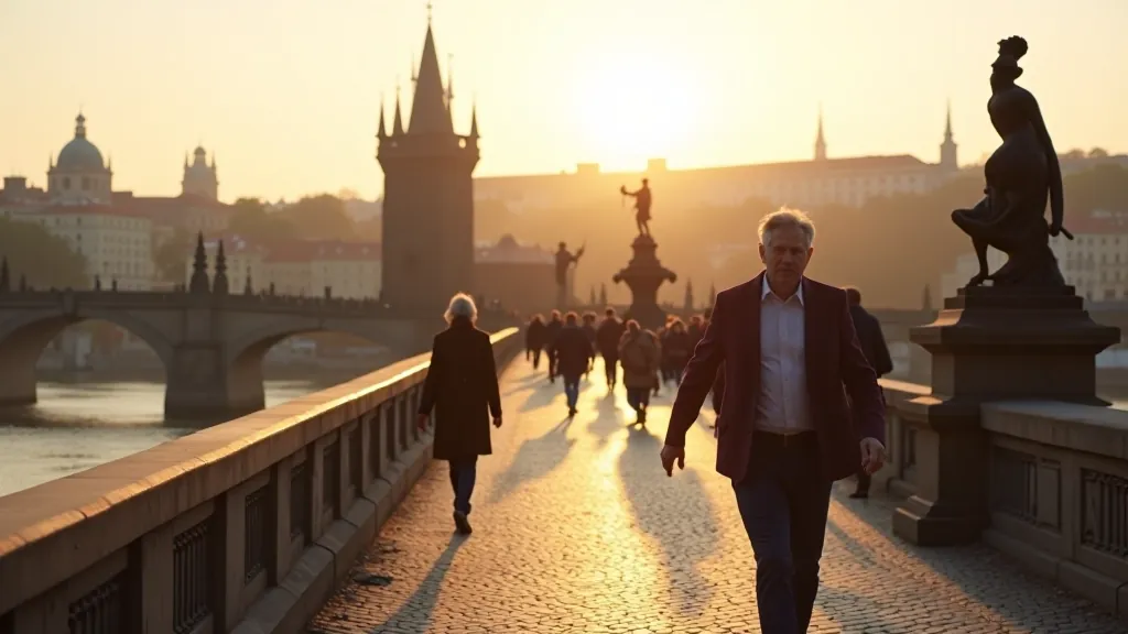 Charles Bridge Prague with statues lining both sides, river below, historic towers at bridge entrance, clear sky