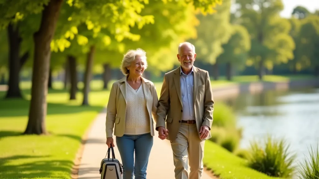 Senior couple enjoying a leisurely walk along the Prague riverside