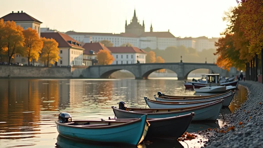 Peaceful waterfront with boats and traditional Czech architecture surrounding Kampa Island