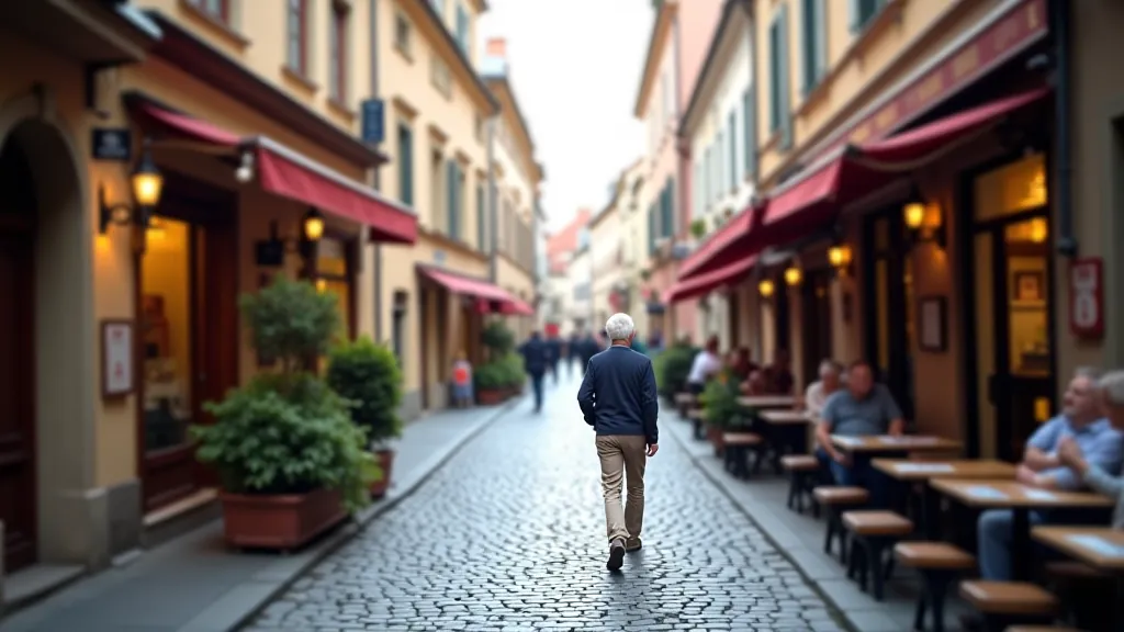 Narrow cobblestone streets of Prague Old Town with traditional shops, restaurants, and medieval architecture lining both sides