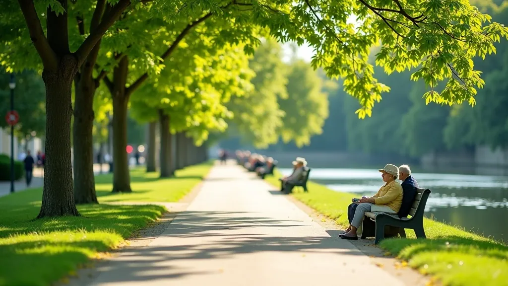 Scenic riverside promenade with benches, trees, and peaceful water views in Prague