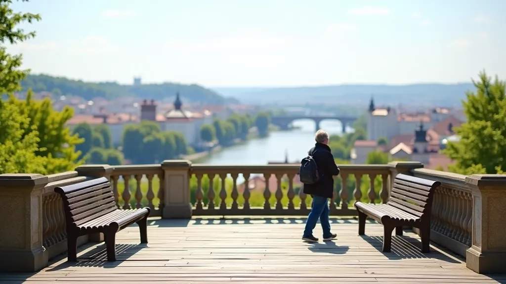 Observation platform in Petřín Park overlooking Prague's riverside landscape, city views, benches for resting, informational plaques