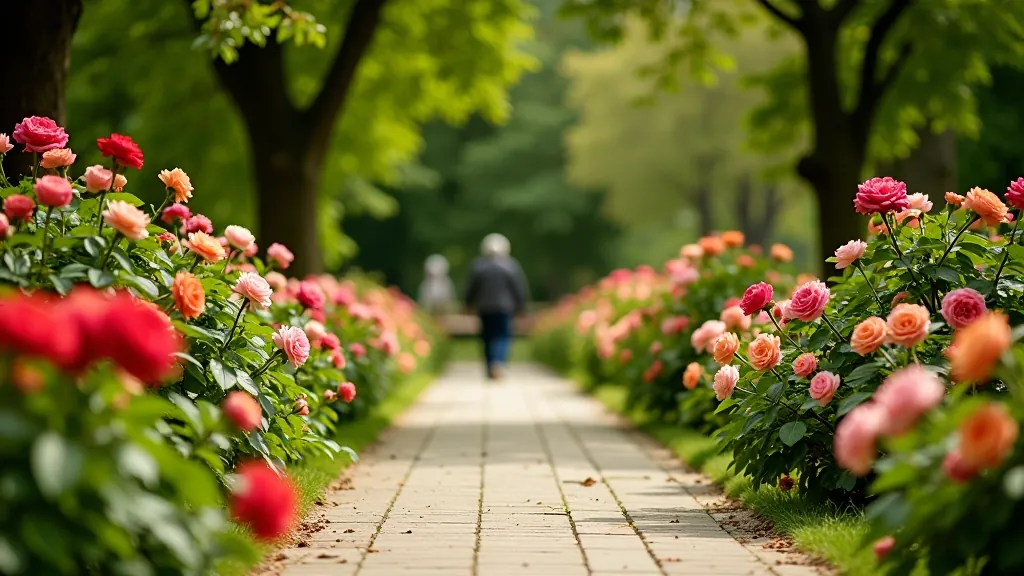 Rose garden in Petřín Park with colorful flowers, walking paths, benches, and peaceful garden setting