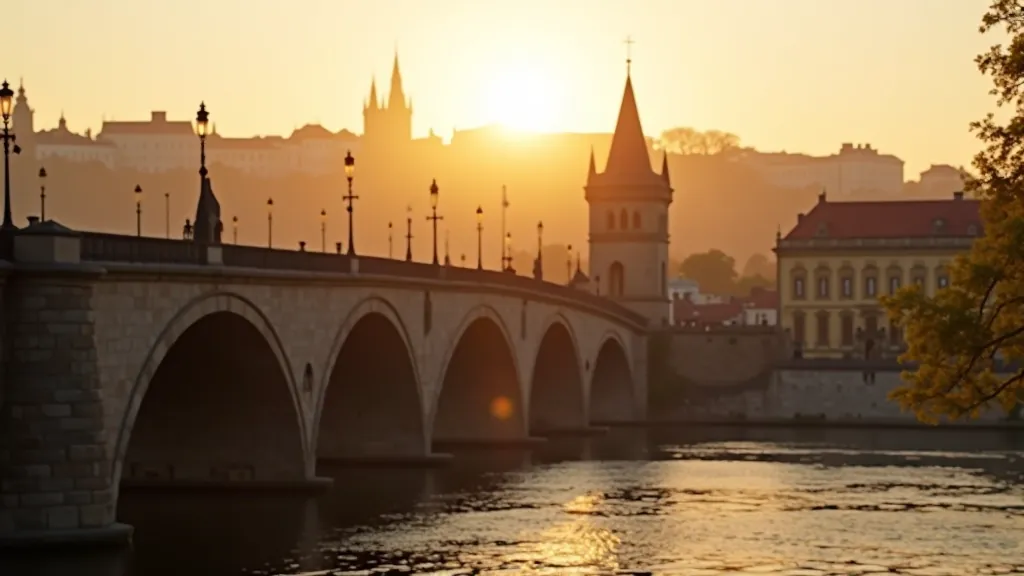 Charles Bridge Prague at sunset with historic towers and river, pedestrians crossing iconic bridge, warm evening light