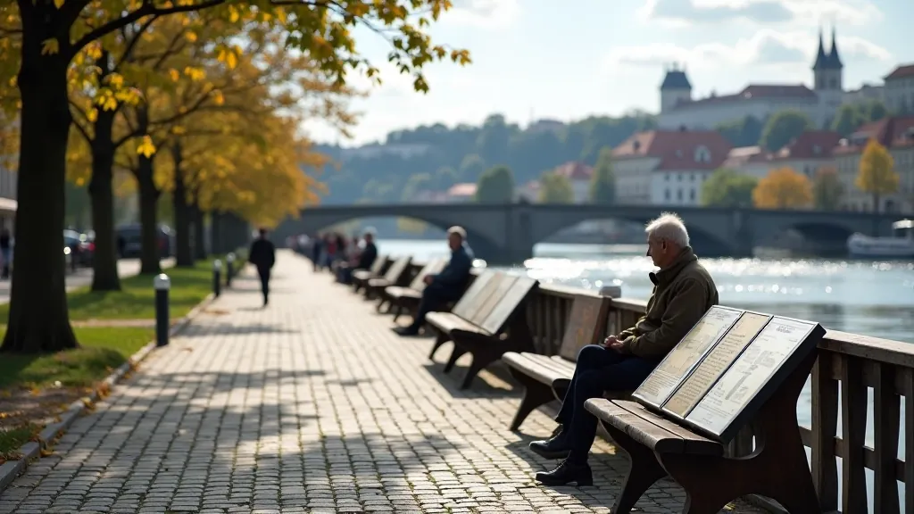 Riverside promenade with informational plaques, benches, and cultural landmarks along Prague waterfront