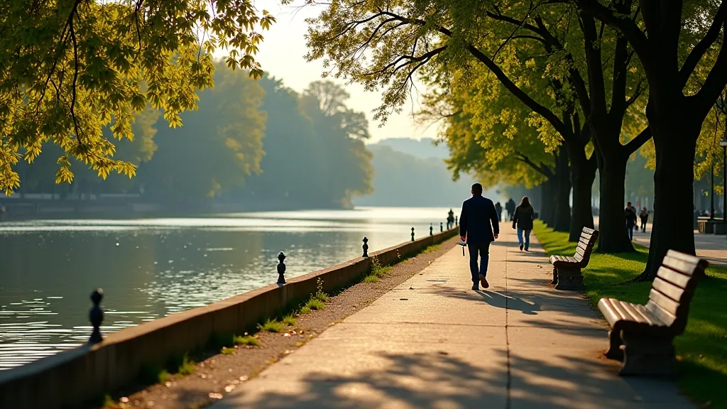 Vltava River waterfront promenade with riverside walkway, benches, natural vegetation, peaceful water views, Prague cityscape
