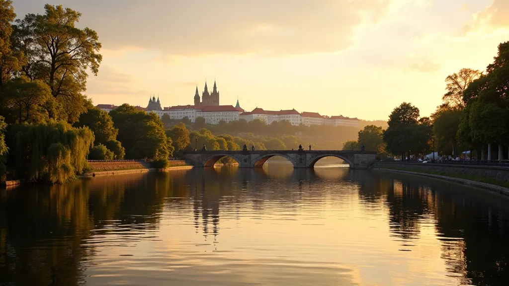 Kampa Island scenic river view with historic buildings reflected in water, Prague golden hour lighting