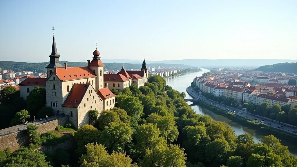 Vyšehrad fortress hilltop overlooking Vltava River, Prague panoramic cityscape view, historic medieval architecture
