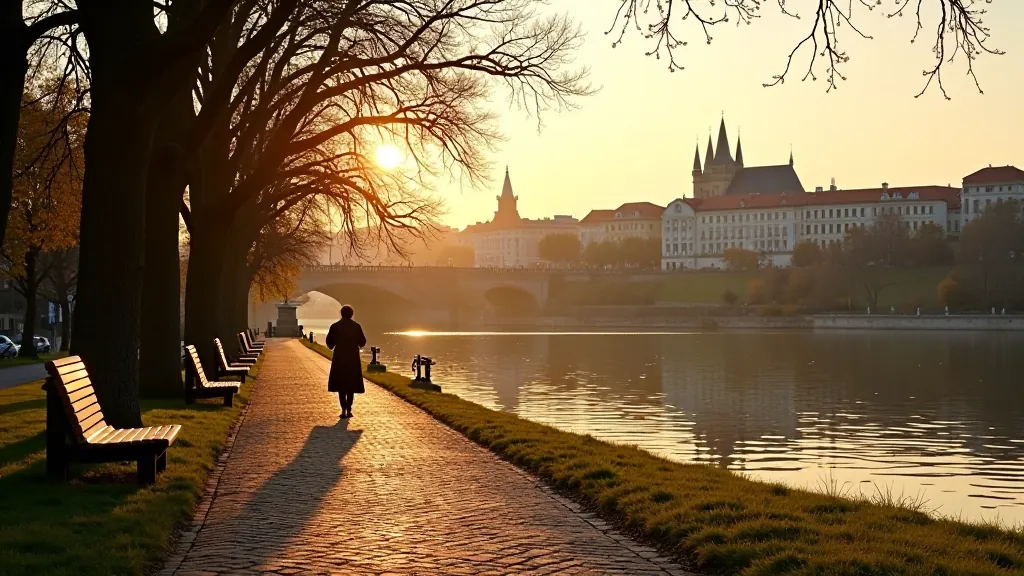 Colorful buildings and tree-lined path along the Vltava River on Kampa Island