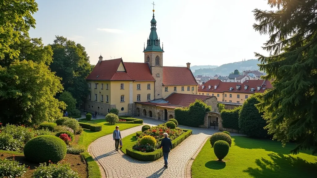 Historic Strahov Library building exterior in Prague with Renaissance architecture, gardens, and peaceful courtyard
