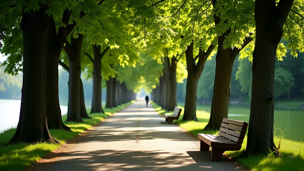 Sunny riverside path with mature trees, benches, and peaceful walking environment for retirees
