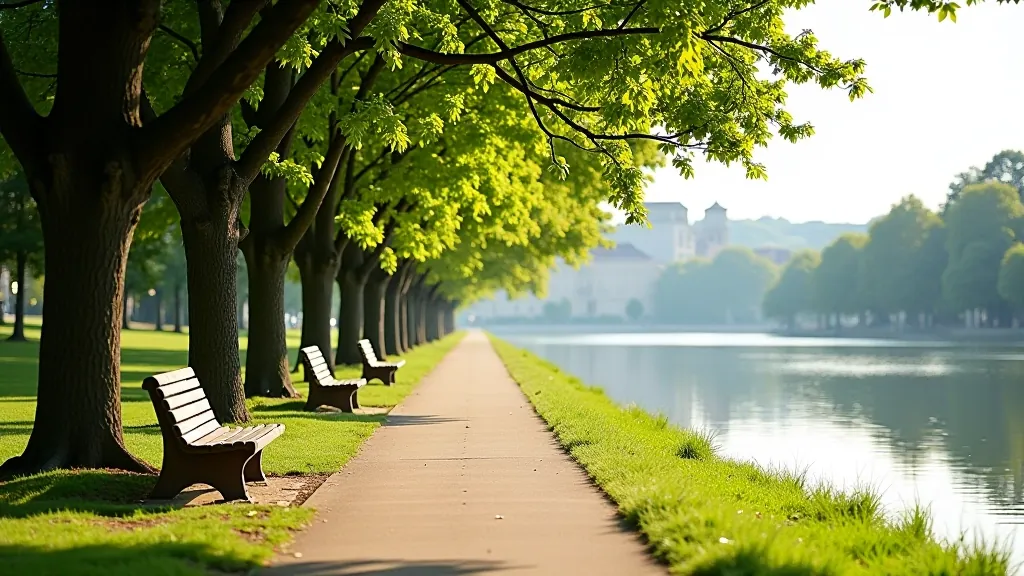Park benches along tree-lined riverside promenade with views of historic Prague buildings